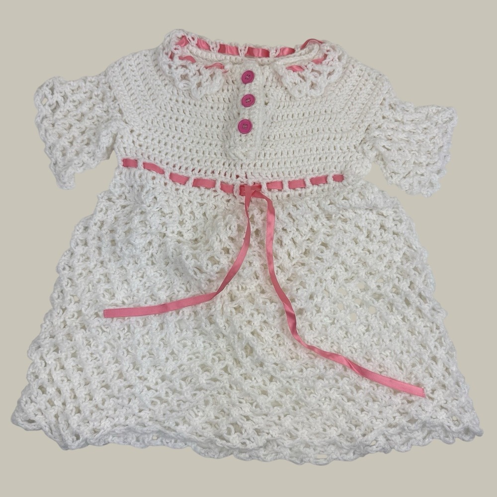 Handmade Crochet Baby Dress White Boho‎ Cottagecore Pink Heirloom Grandmacore